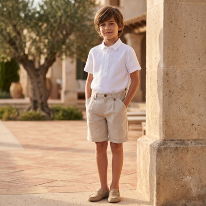 Boys White Linen Shirt &amp; Sand Linen Ceremony Shorts Set