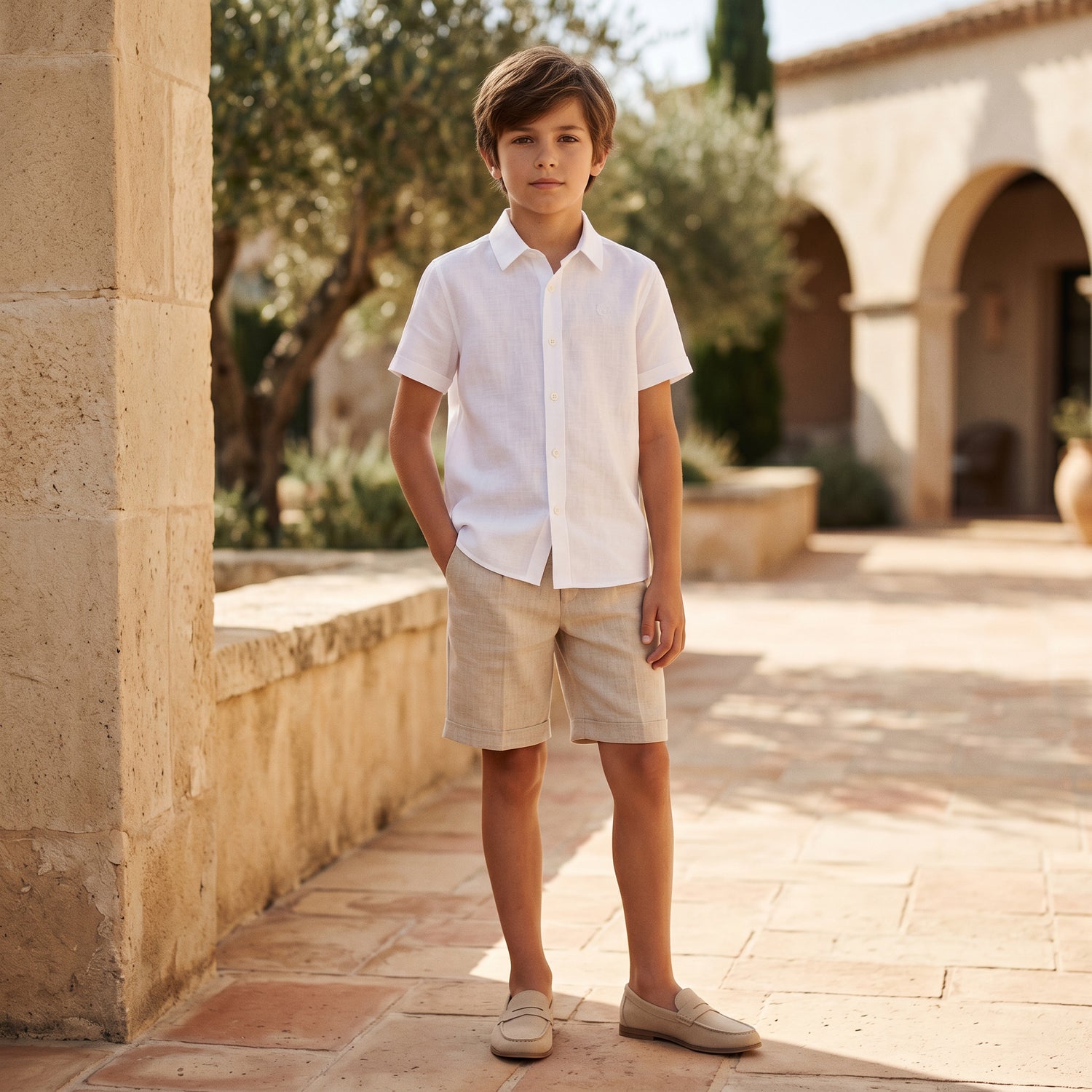 Boys White Linen Shirt &amp; Sand Linen Ceremony Shorts Set