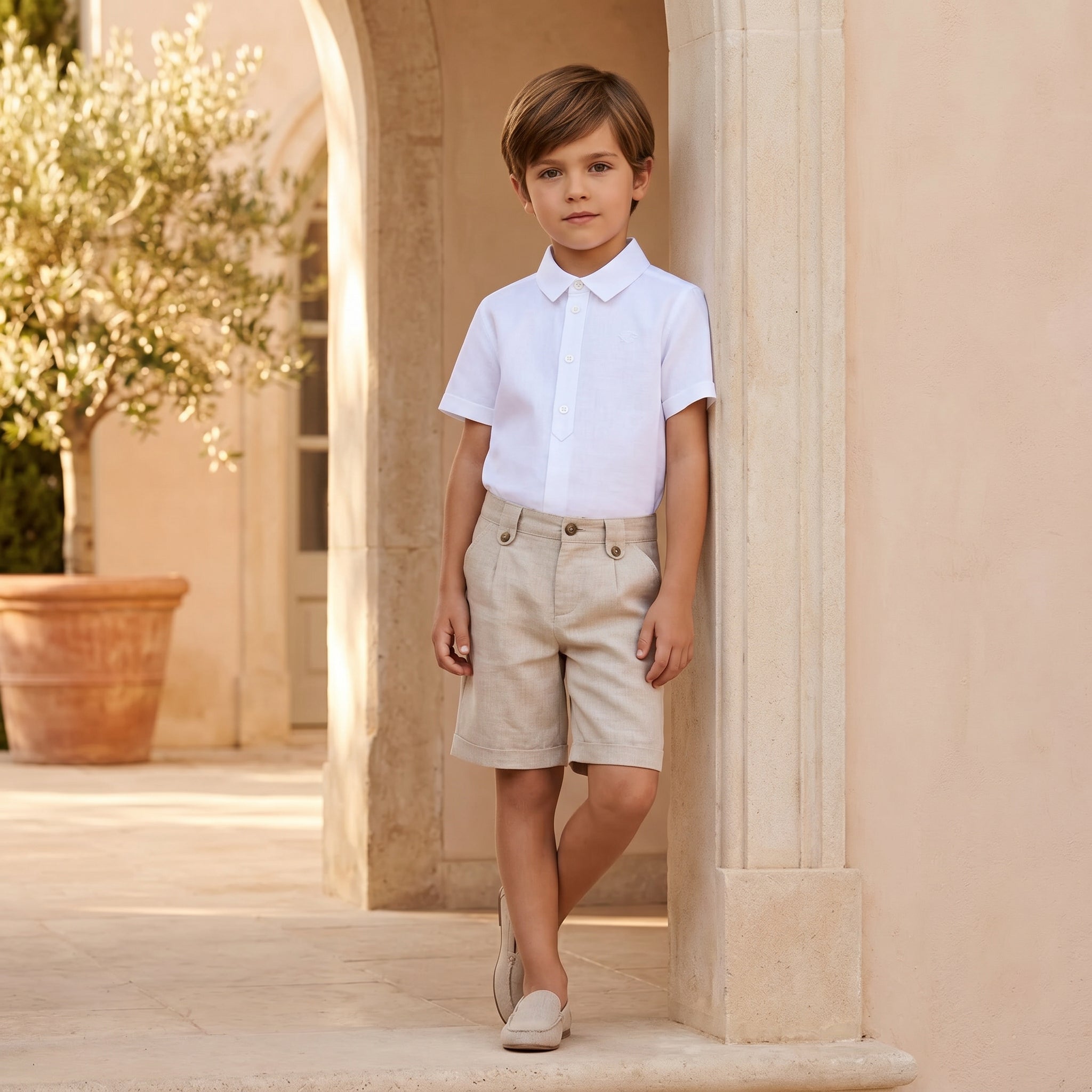 Boys White Linen Shirt &amp; Sand Linen Ceremony Shorts Set