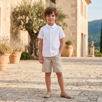 Boys White Linen Shirt &amp; Sand Linen Ceremony Shorts Set