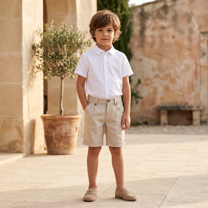 Boys White Linen Shirt &amp; Sand Linen Ceremony Shorts Set