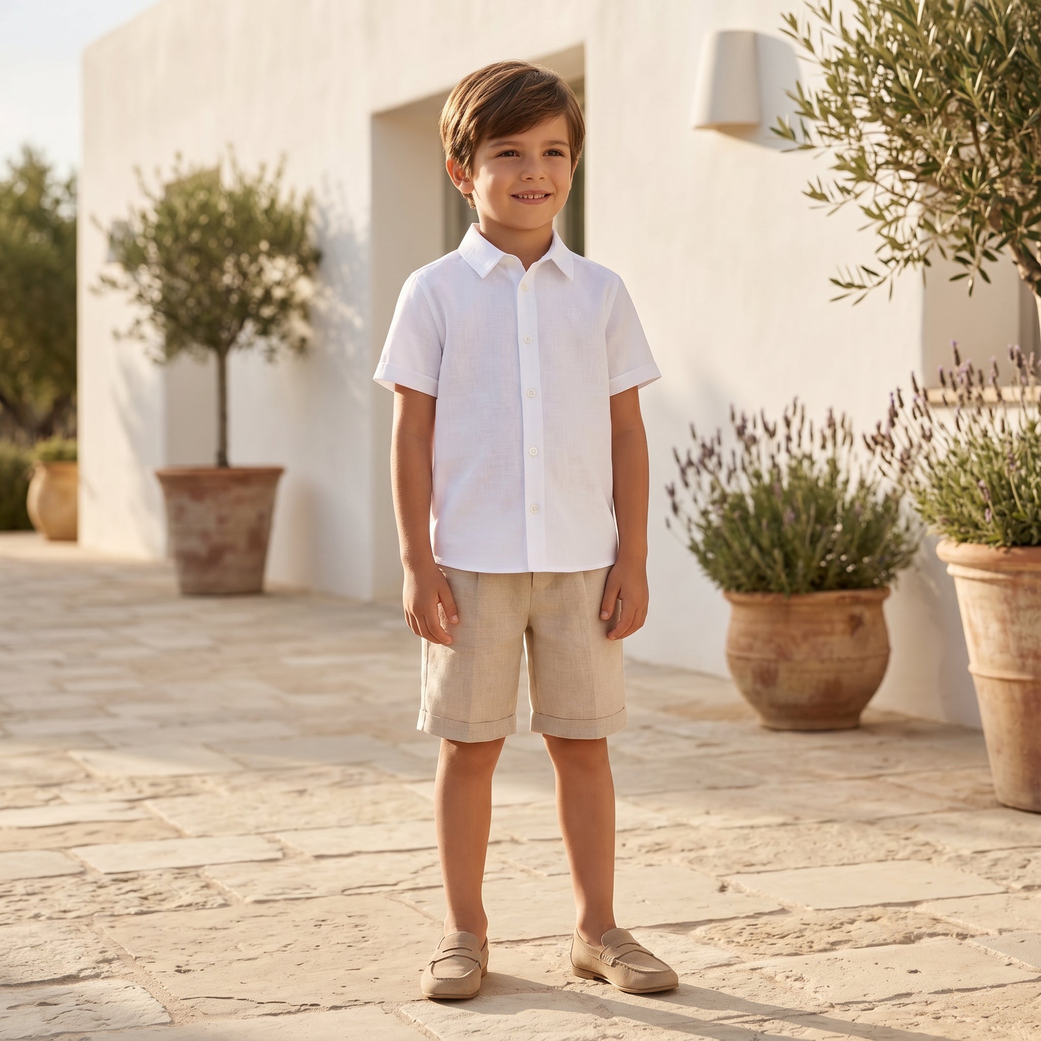 Boys White Linen Shirt &amp; Sand Linen Ceremony Shorts Set