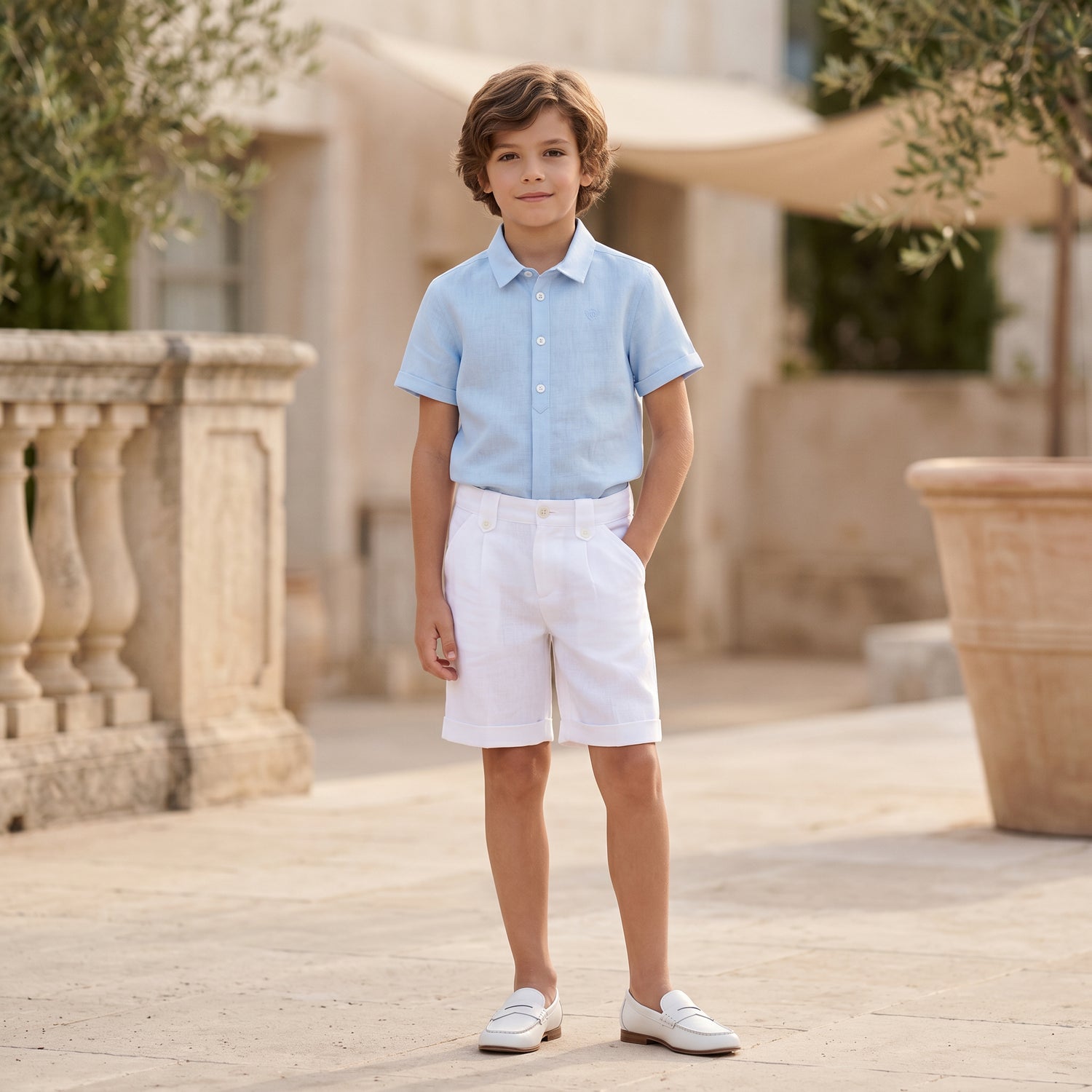 Boys Blue Cloud Linen Shirt &amp; White Linen Shorts Ceremony Set