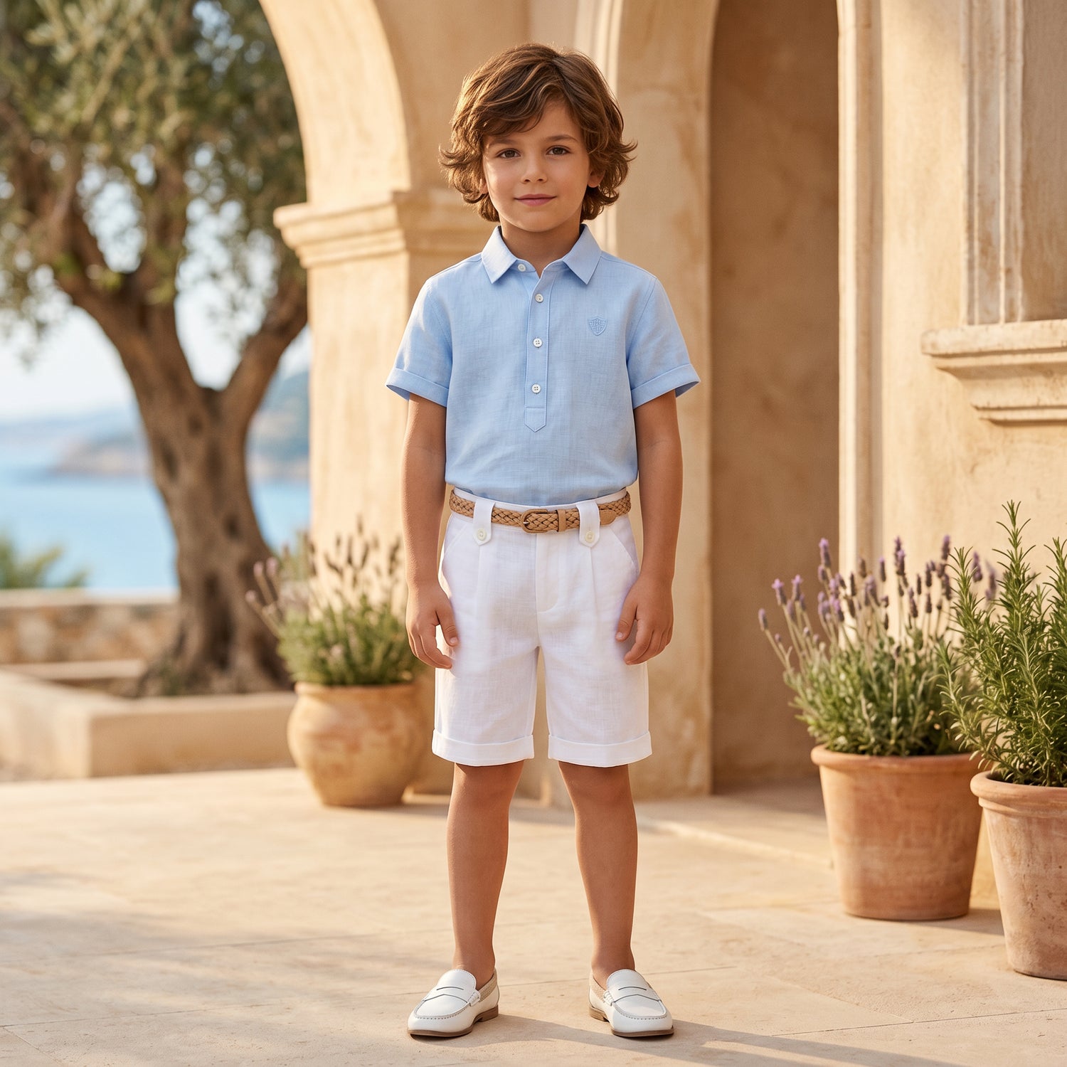 Boys Blue Cloud Linen Shirt &amp; White Linen Shorts Ceremony Set