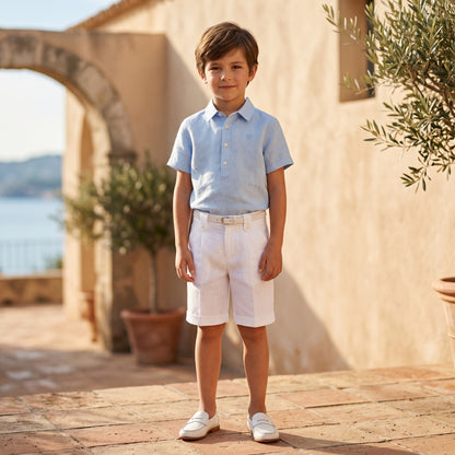 Boys Blue Cloud Linen Shirt &amp; White Linen Shorts Ceremony Set