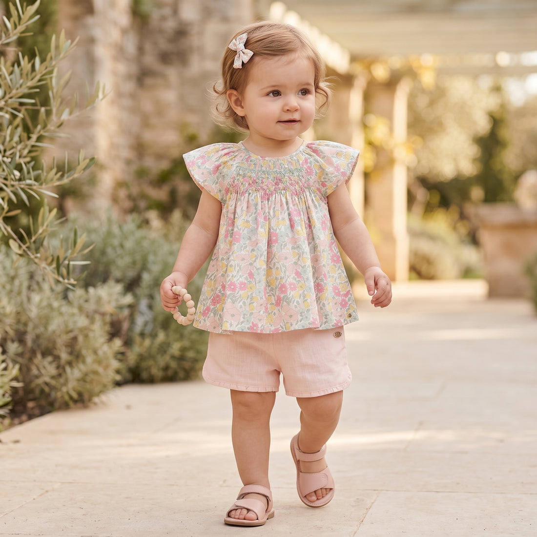 Girls Liberty Print Blouse &amp; Pale Pink Linen Shorts Set
