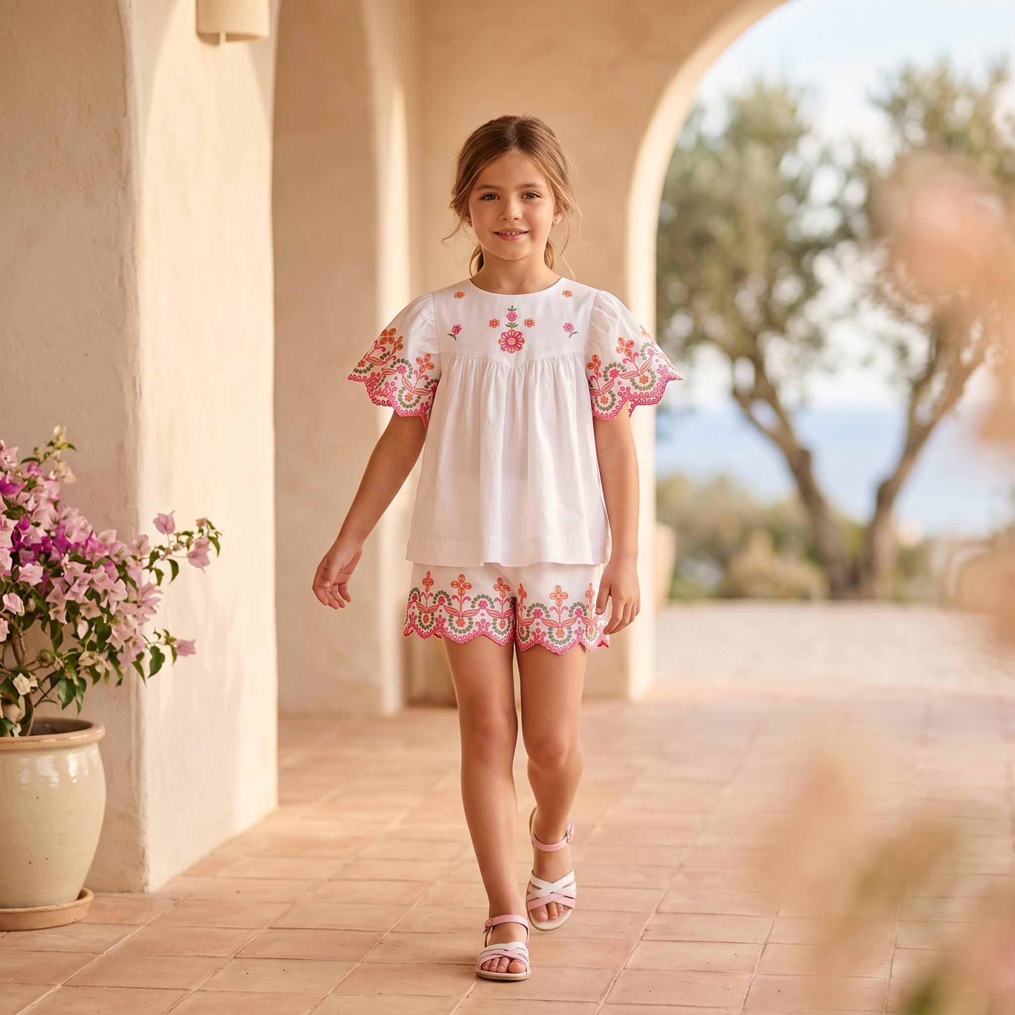 Girls White Embroidered Cotton Short Set