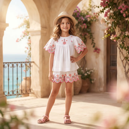 Girls White Embroidered Cotton Short Set