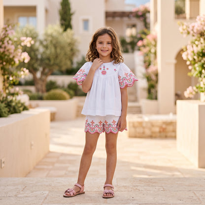 Girls White Embroidered Cotton Short Set