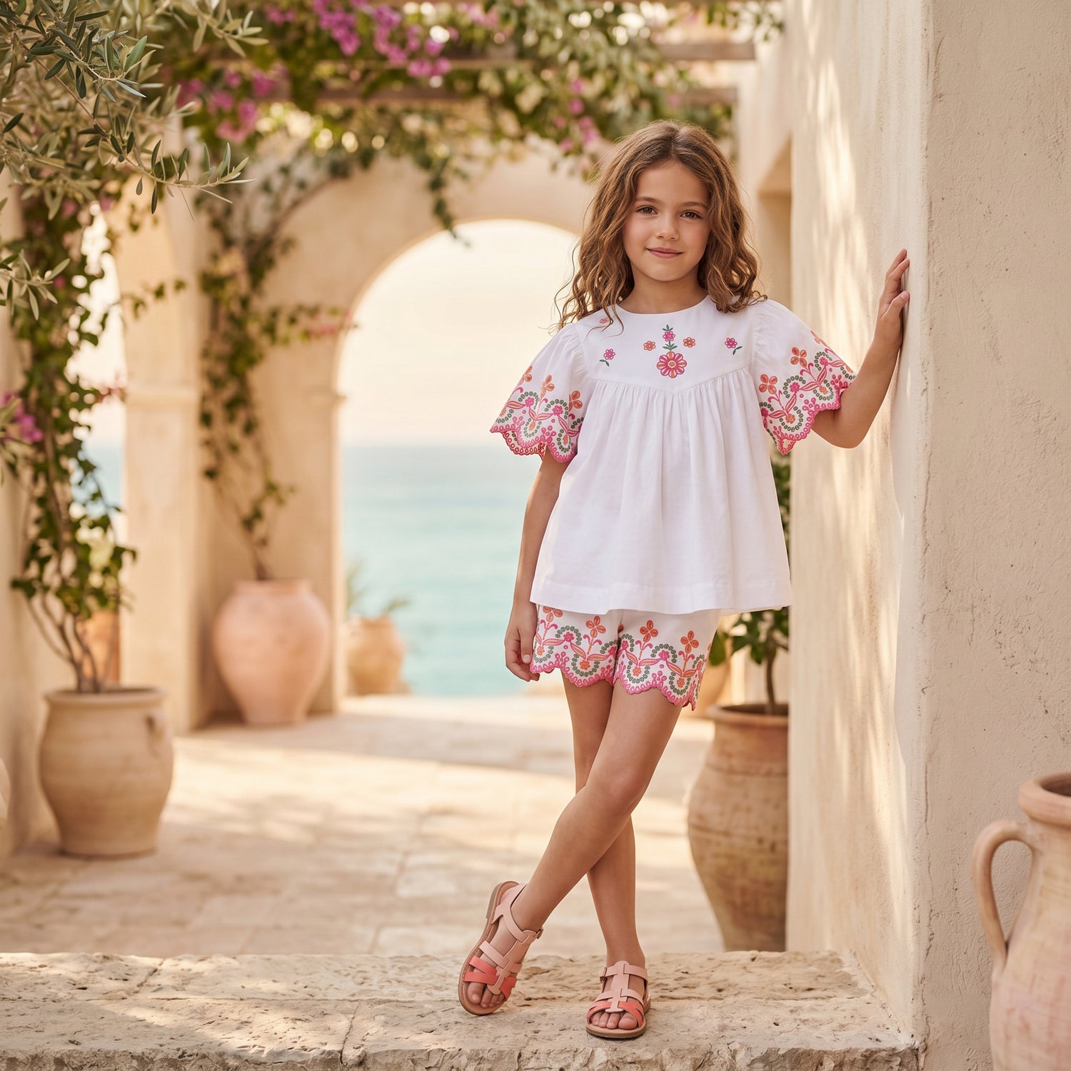 Girls White Embroidered Cotton Short Set