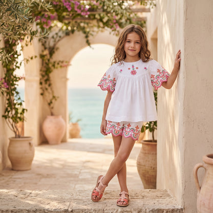Girls White Embroidered Cotton Short Set