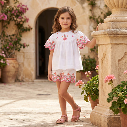 Girls White Embroidered Cotton Short Set