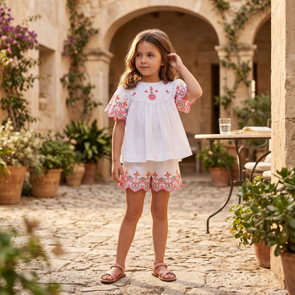 Girls White Embroidered Cotton Short Set