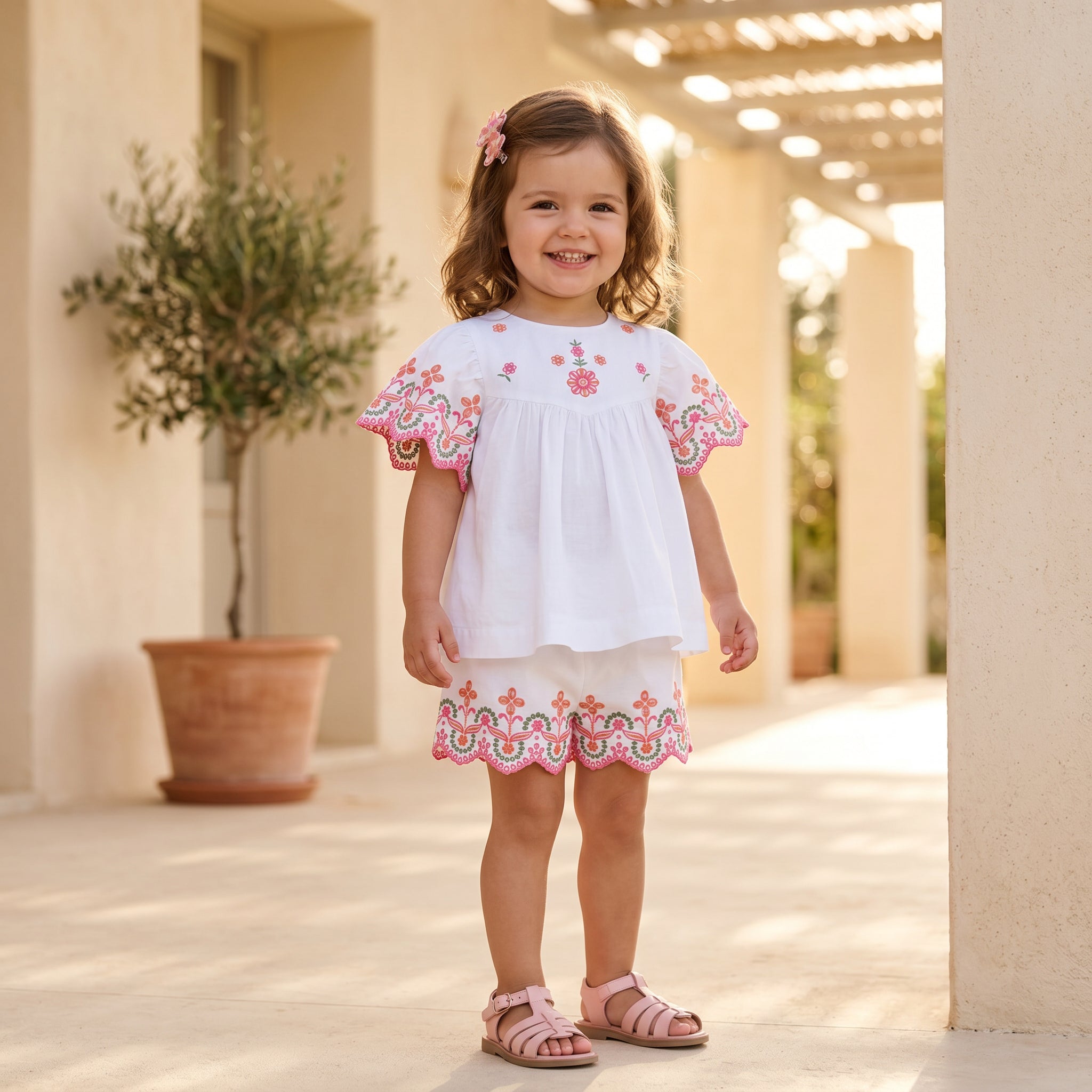 Girls White Embroidered Cotton Short Set
