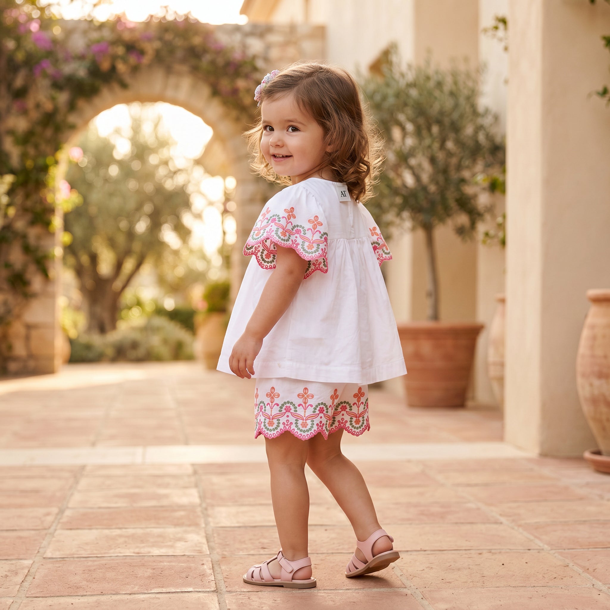 Girls White Embroidered Cotton Short Set