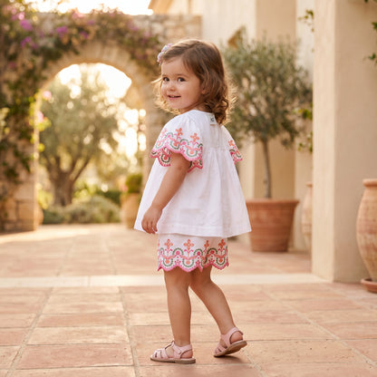 Girls White Embroidered Cotton Short Set