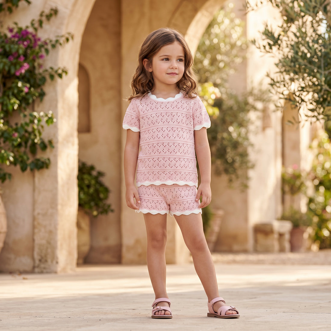 Girls Pale Pink Openwork Knit Short Set