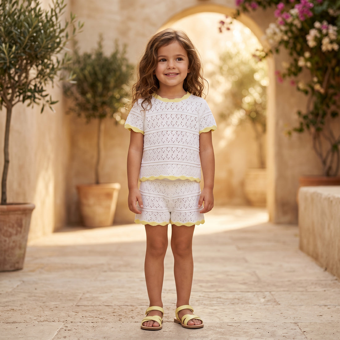 Girls Ecru Openwork Knit Short Set