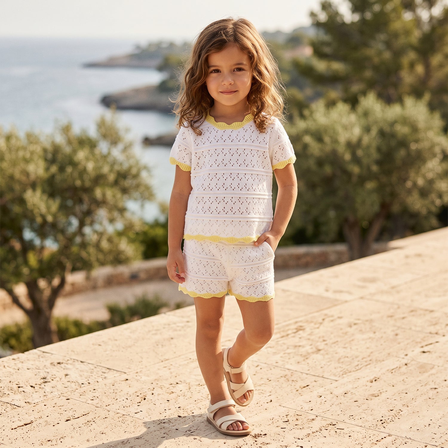 Girls Ecru Openwork Knit Short Set