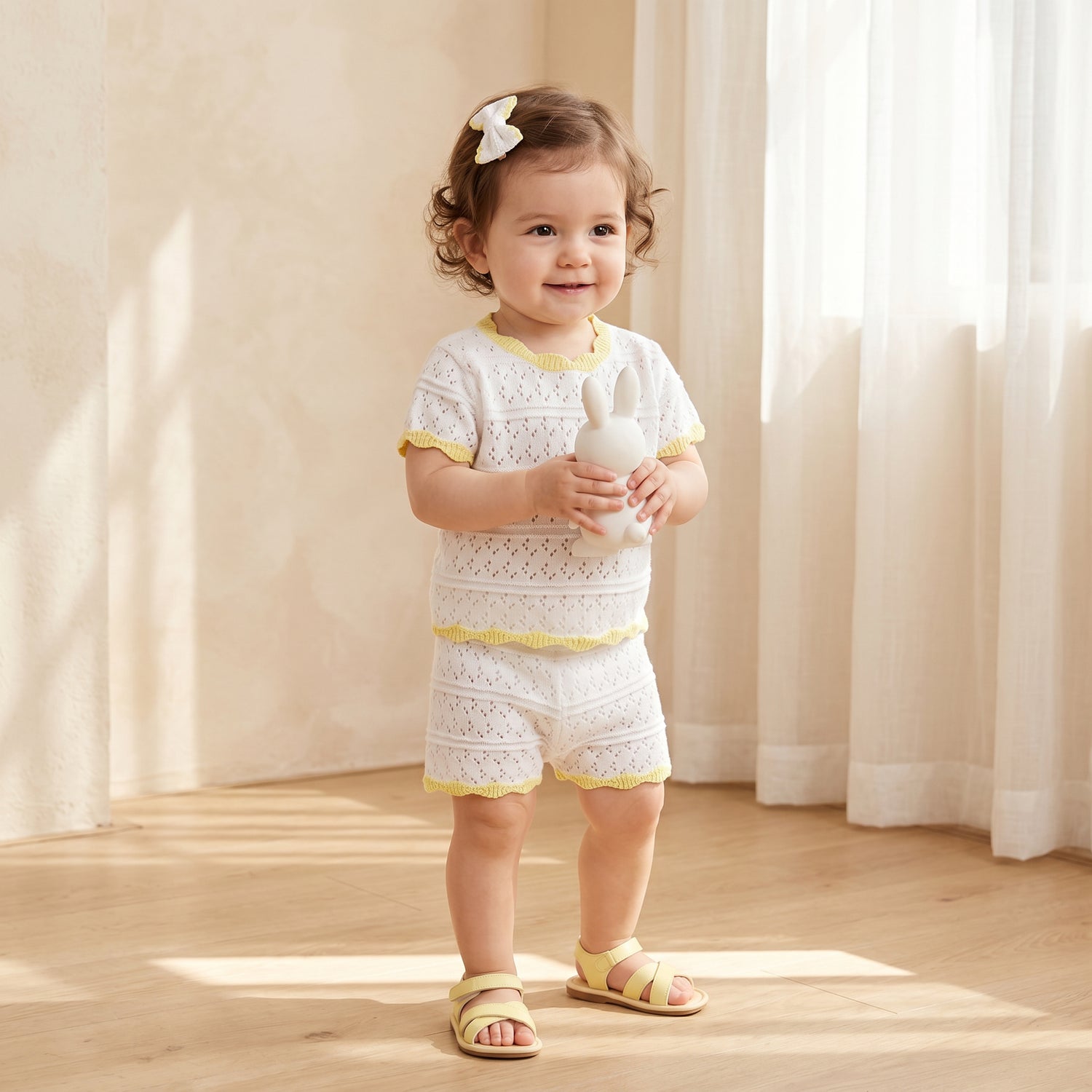 Girls Ecru Openwork Knit Short Set