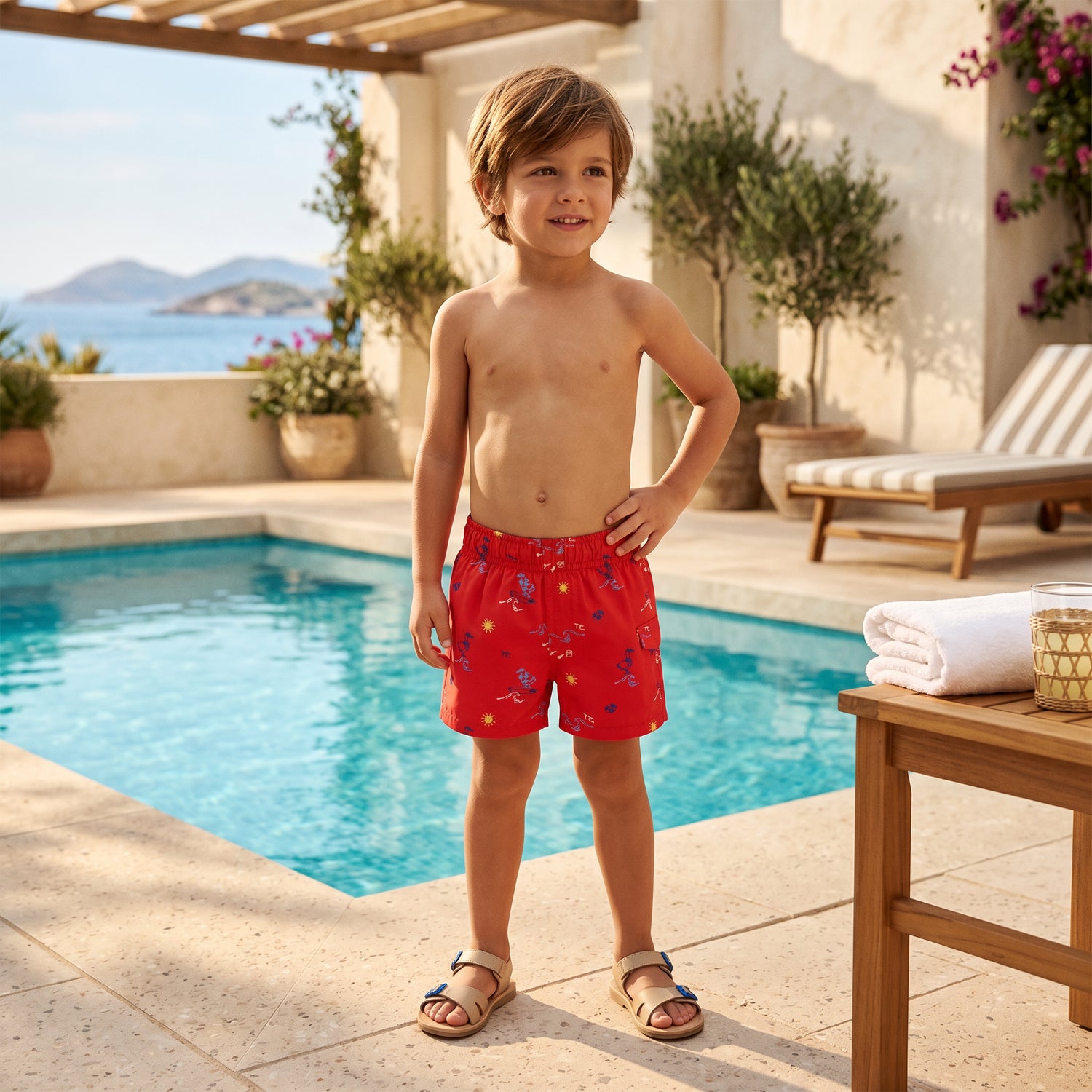 Boys Red Surfer Print Swim Shorts