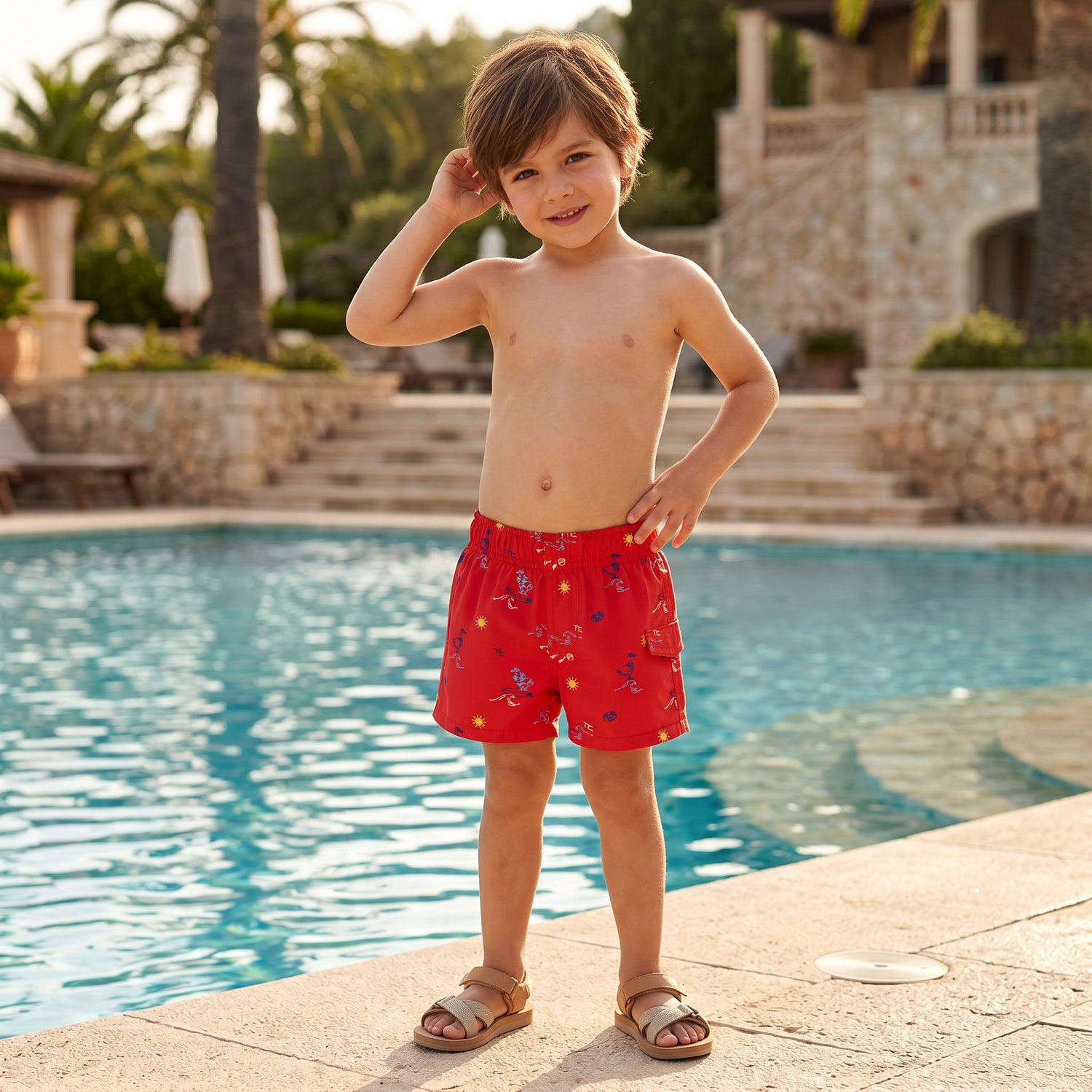 Boys Red Surfer Print Swim Shorts