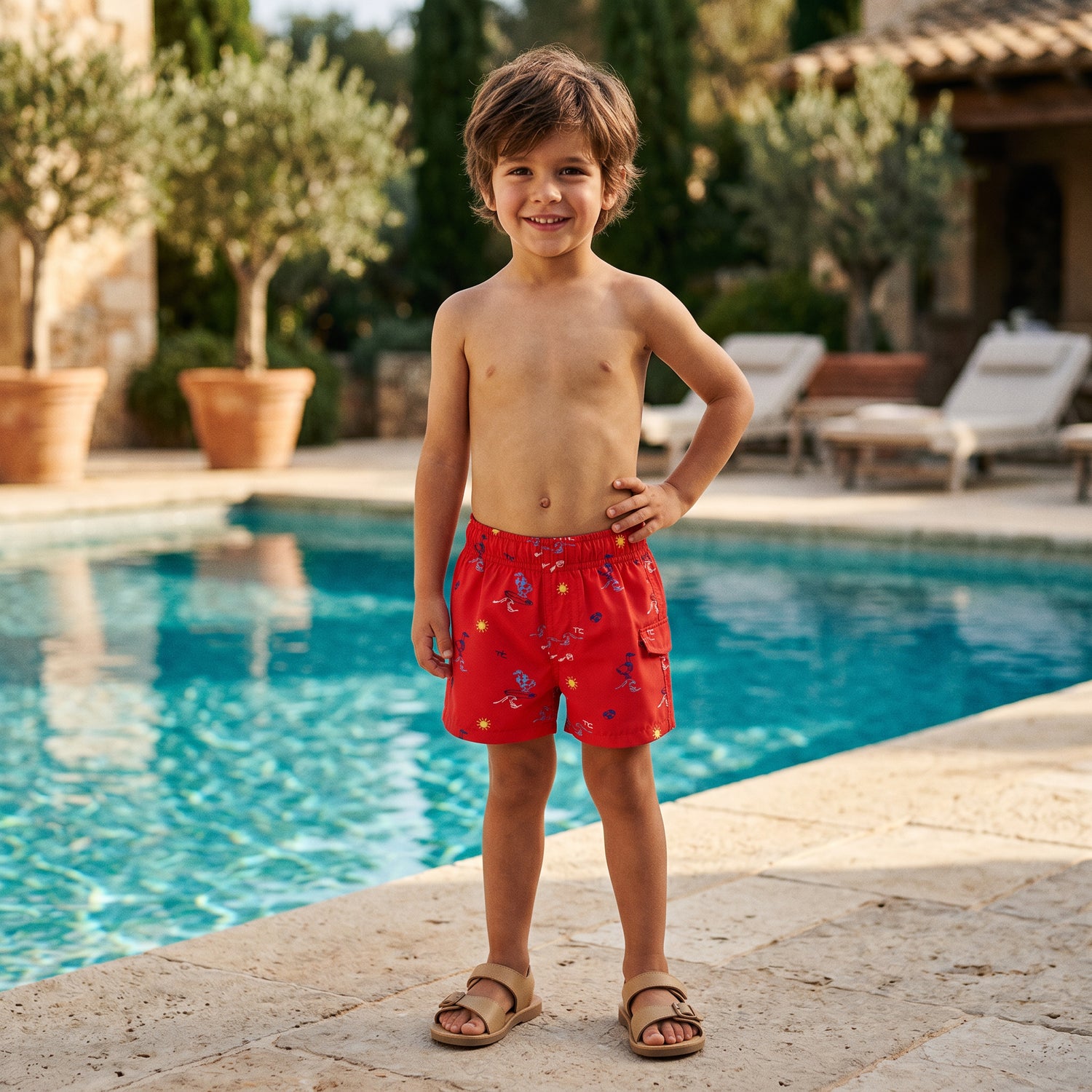 Boys Red Surfer Print Swim Shorts