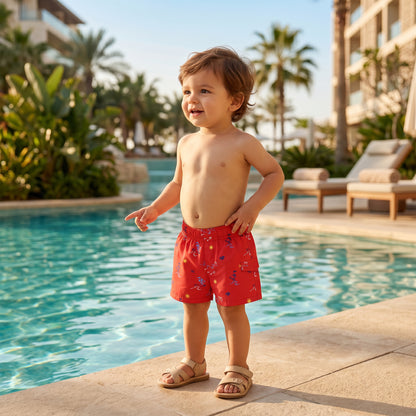 Boys Red Surfer Print Swim Shorts