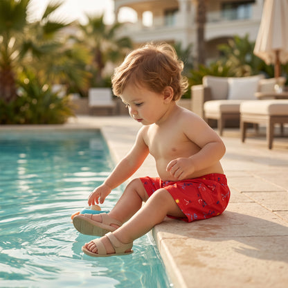 Boys Red Surfer Print Swim Shorts