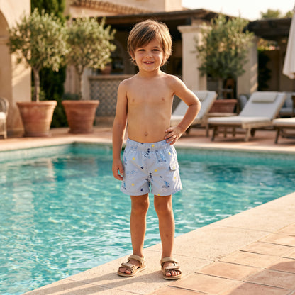 Boys Blue Seaside Print Swim Shorts