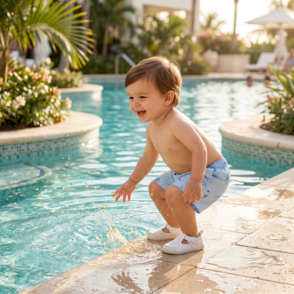 Boys Blue Seaside Print Swim Shorts