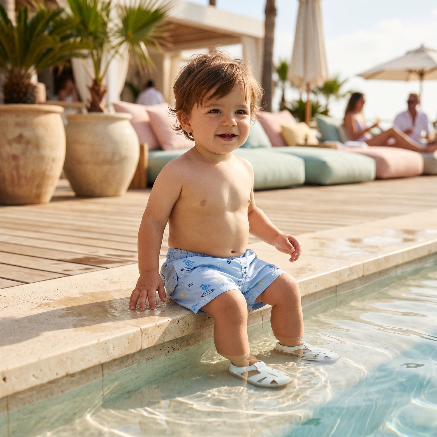 Boys Blue Seaside Print Swim Shorts