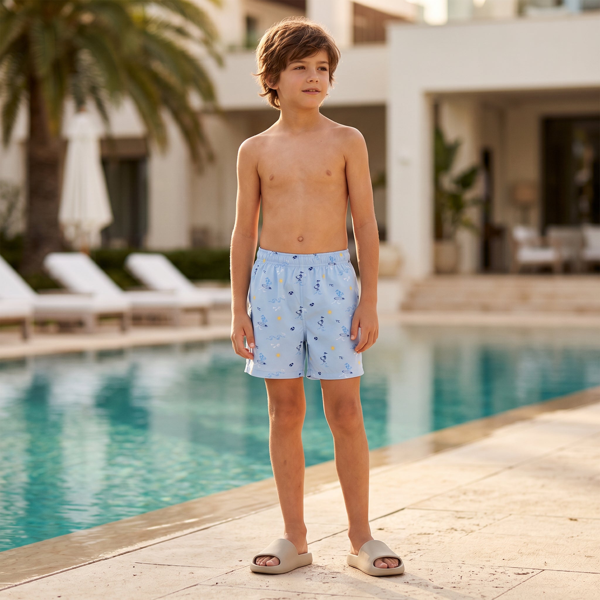 Boys Blue Seaside Print Swim Shorts