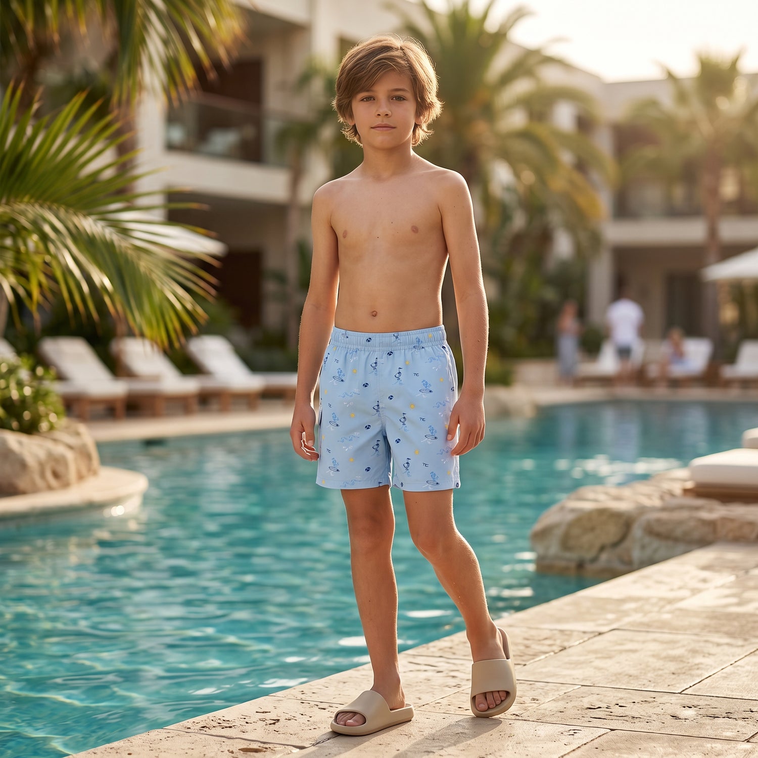 Boys Blue Seaside Print Swim Shorts