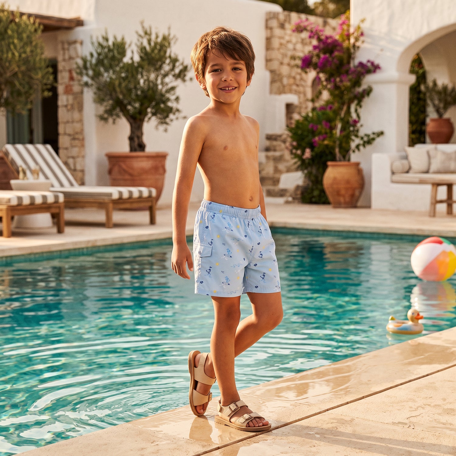 Boys Blue Seaside Print Swim Shorts
