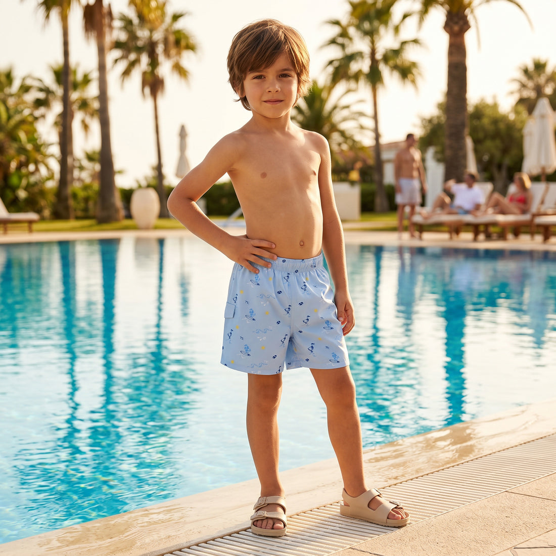 Boys Blue Seaside Print Swim Shorts