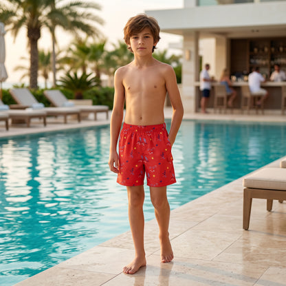 Boys Red Surfer Print Swim Shorts