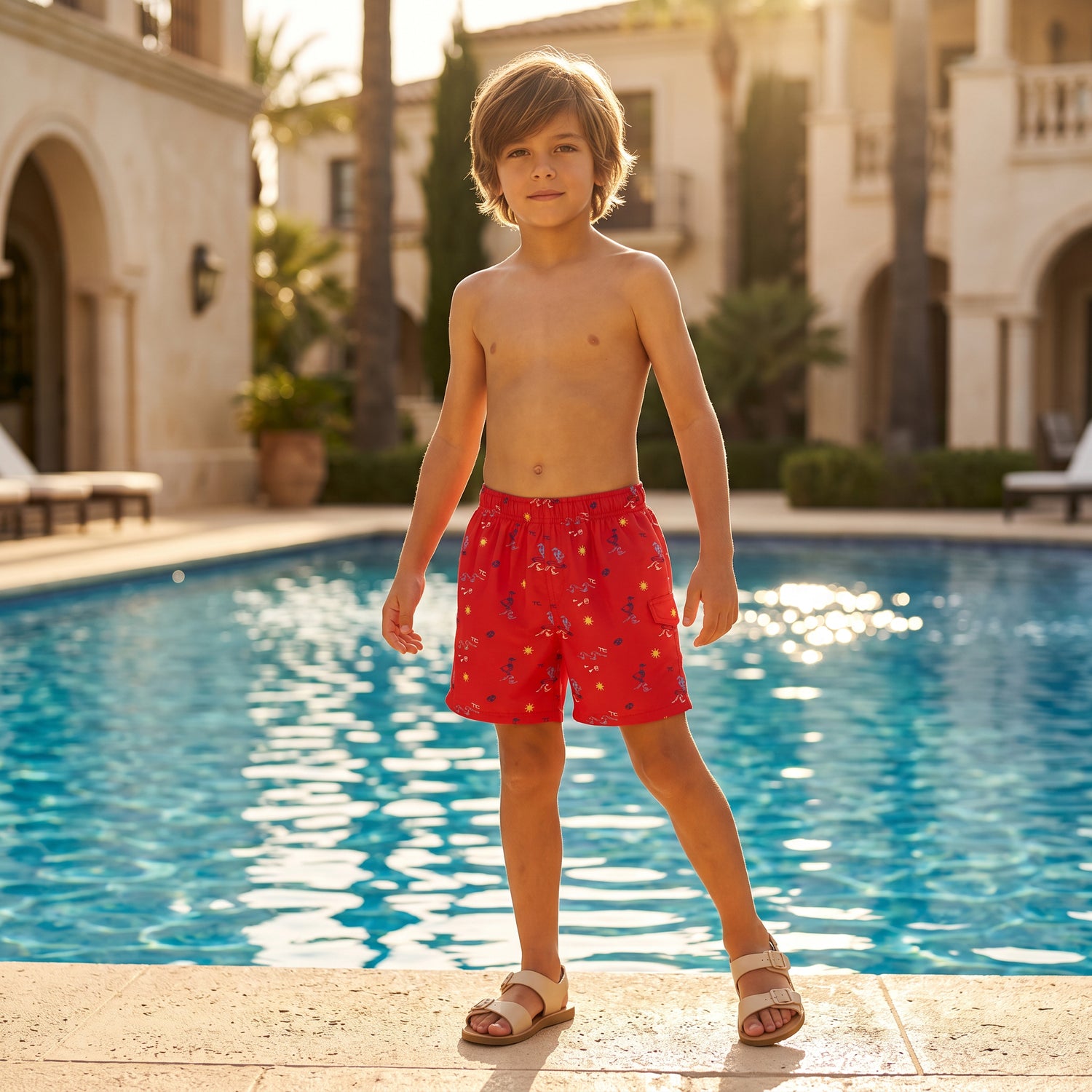 Boys Red Surfer Print Swim Shorts
