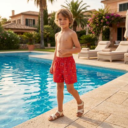 Boys Red Surfer Print Swim Shorts