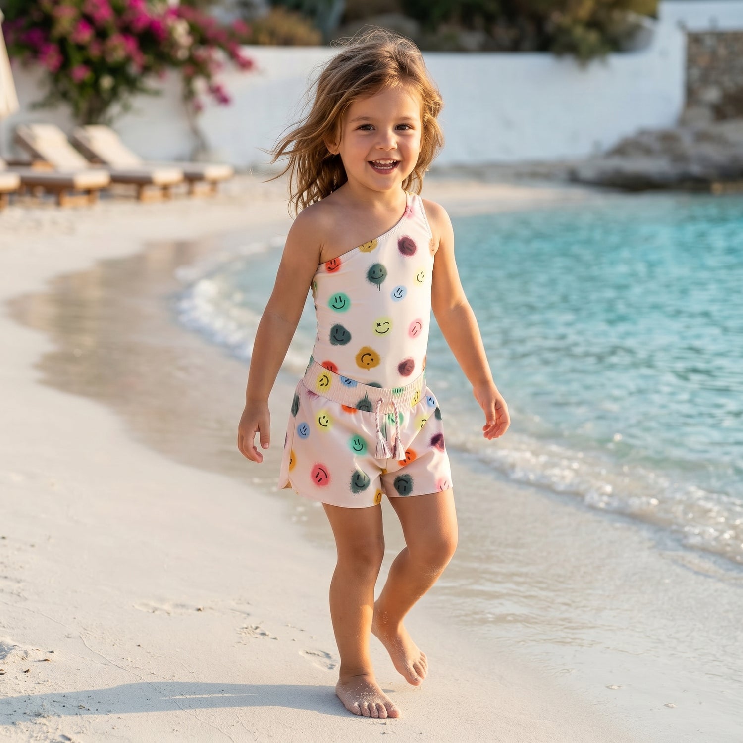 Girls Happy Dots One-Shoulder Swimsuit &amp; Swim Shorts Set