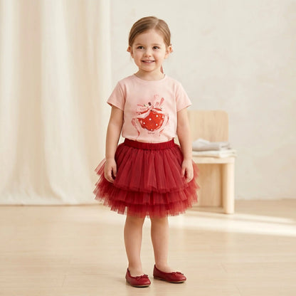 Girls Pink Strawberry T-Shirt &amp; Red Tulle Skirt Set Sol Vera