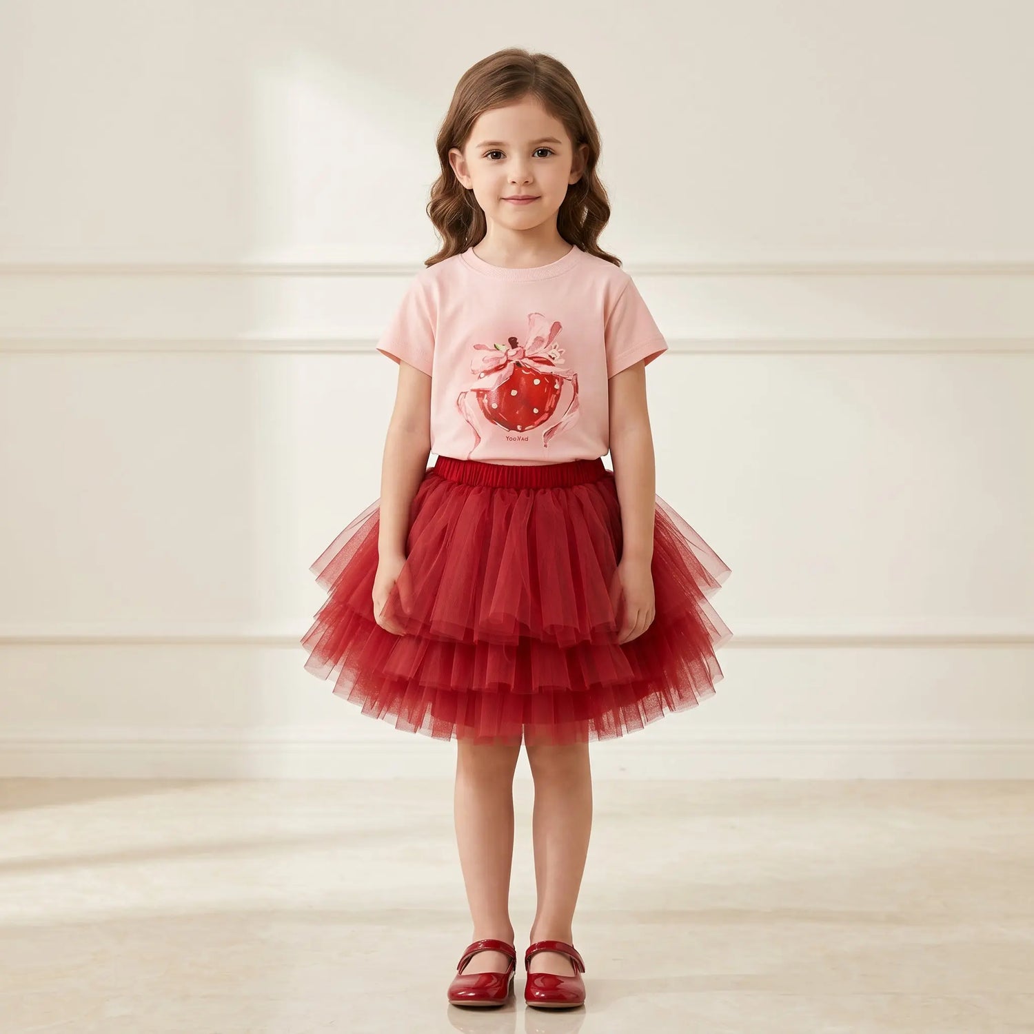 Girls Pink Strawberry T-Shirt &amp; Red Tulle Skirt Set Sol Vera