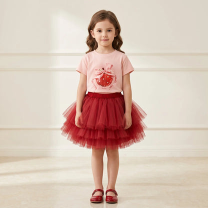 Girls Pink Strawberry T-Shirt &amp; Red Tulle Skirt Set Sol Vera