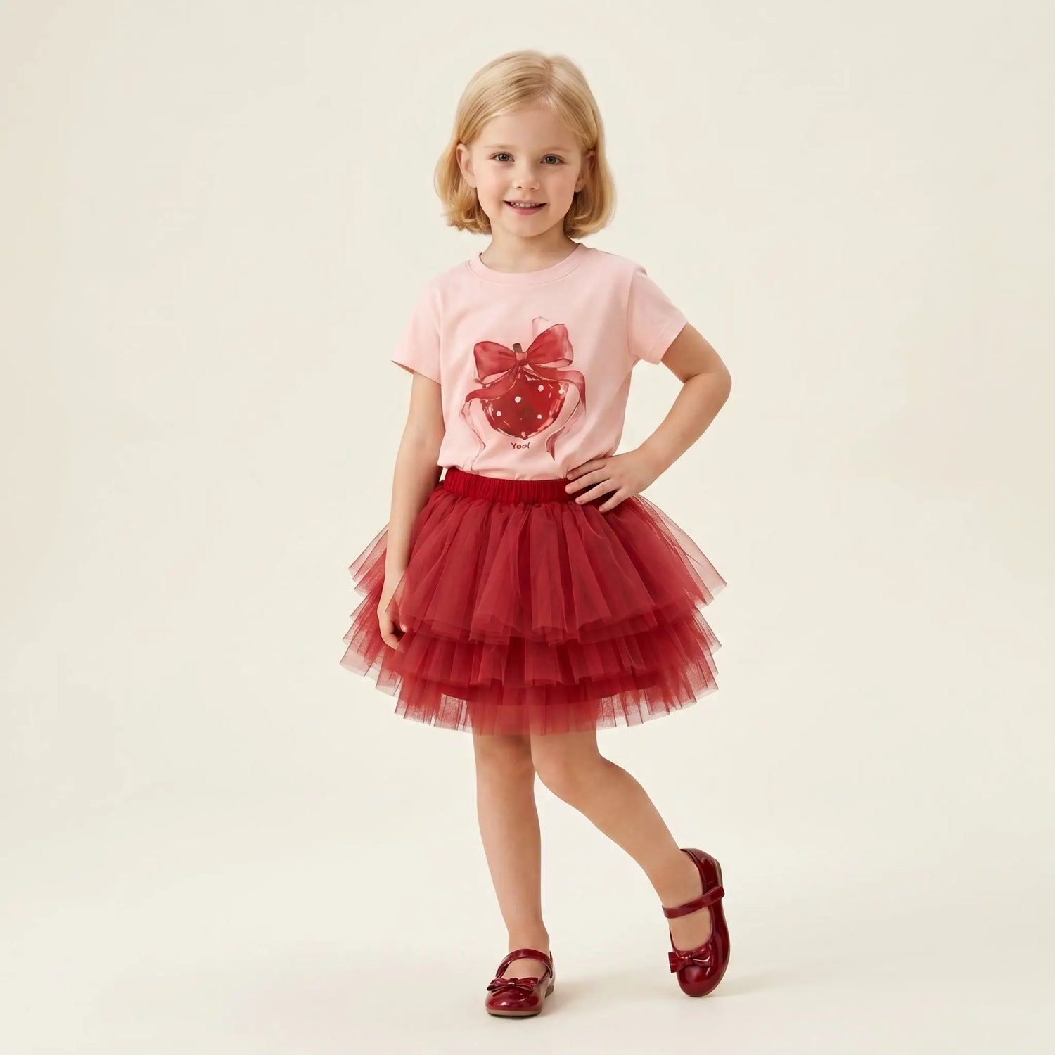 Girls Pink Strawberry T-Shirt &amp; Red Tulle Skirt Set Sol Vera