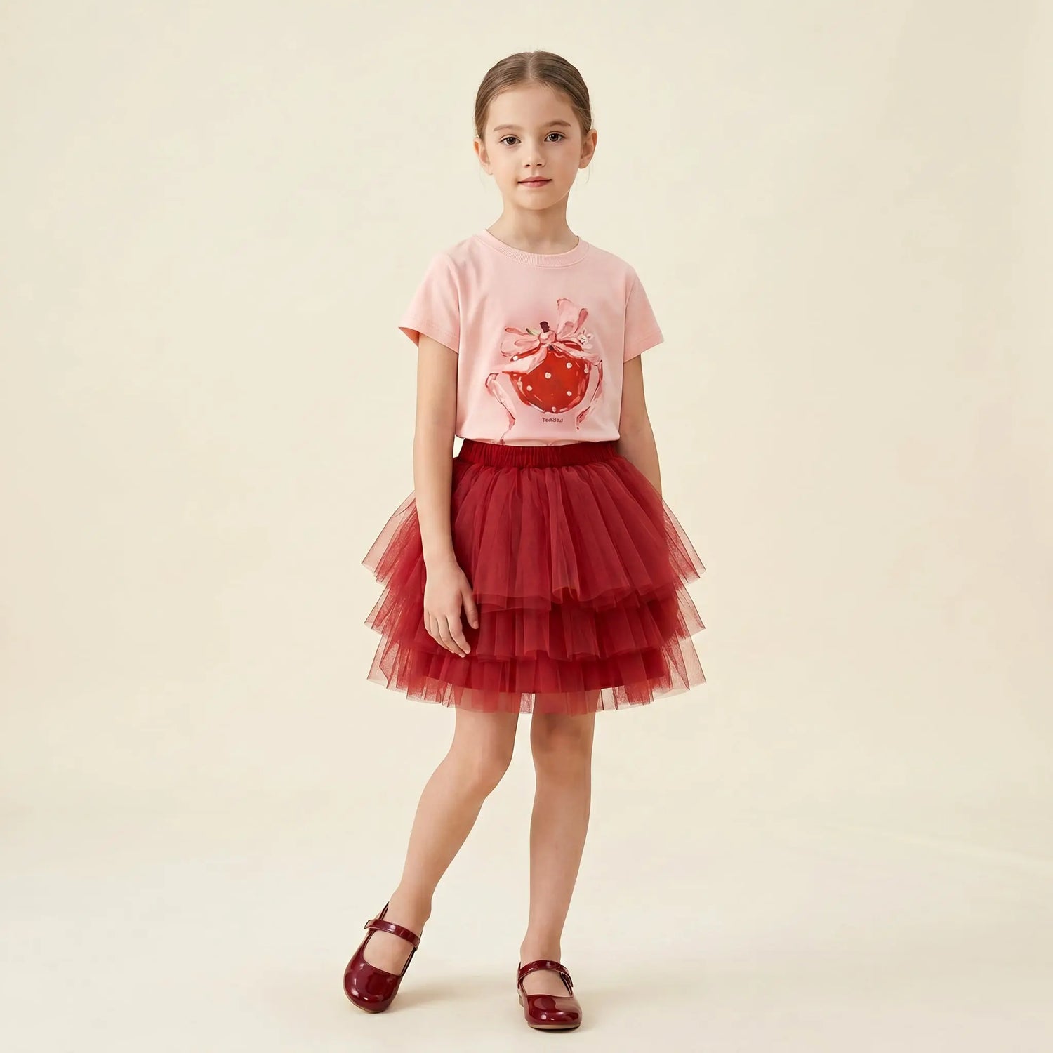 Girls Pink Strawberry T-Shirt &amp; Red Tulle Skirt Set Sol Vera