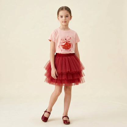 Girls Pink Strawberry T-Shirt &amp; Red Tulle Skirt Set Sol Vera