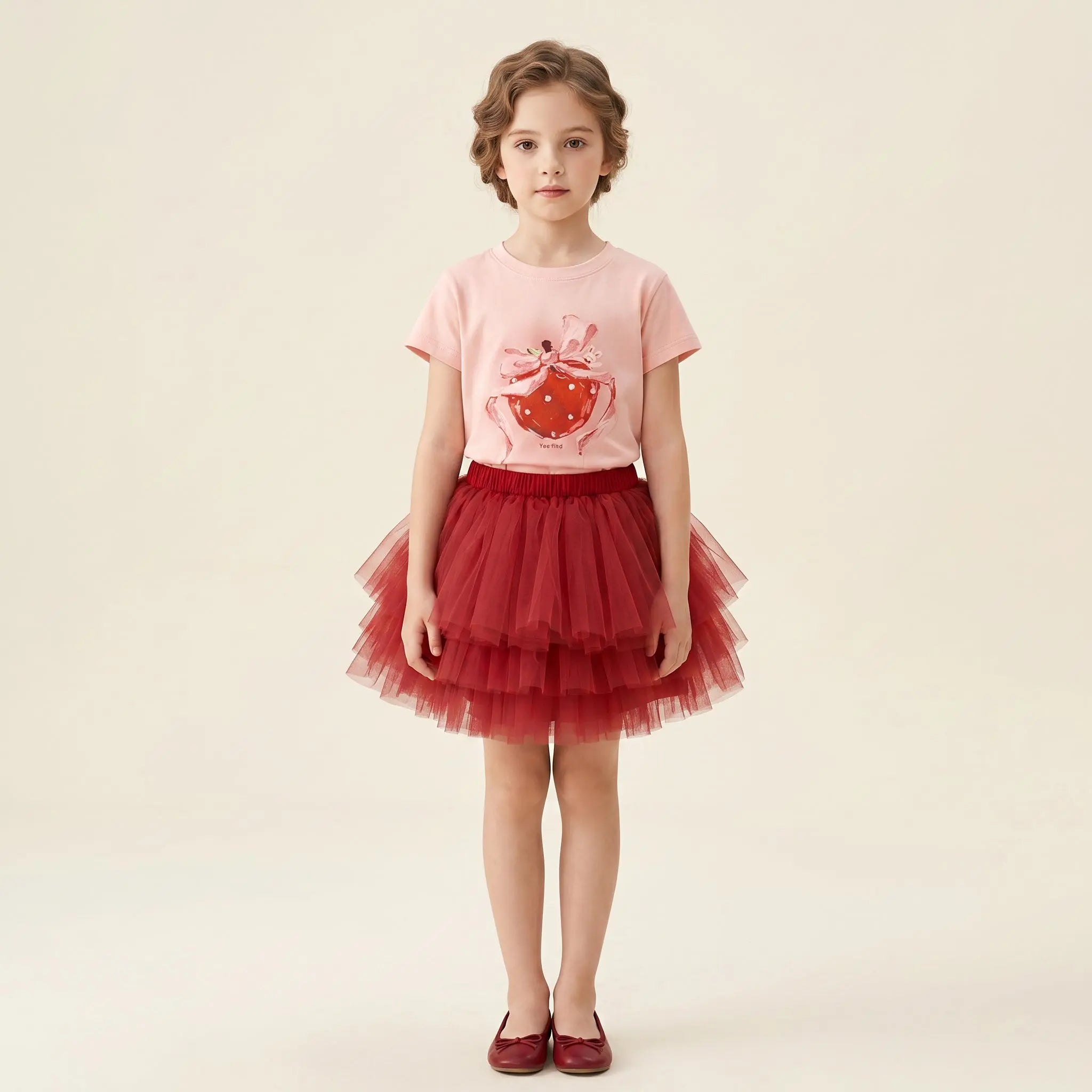 Girls Pink Strawberry T-Shirt &amp; Red Tulle Skirt Set Sol Vera