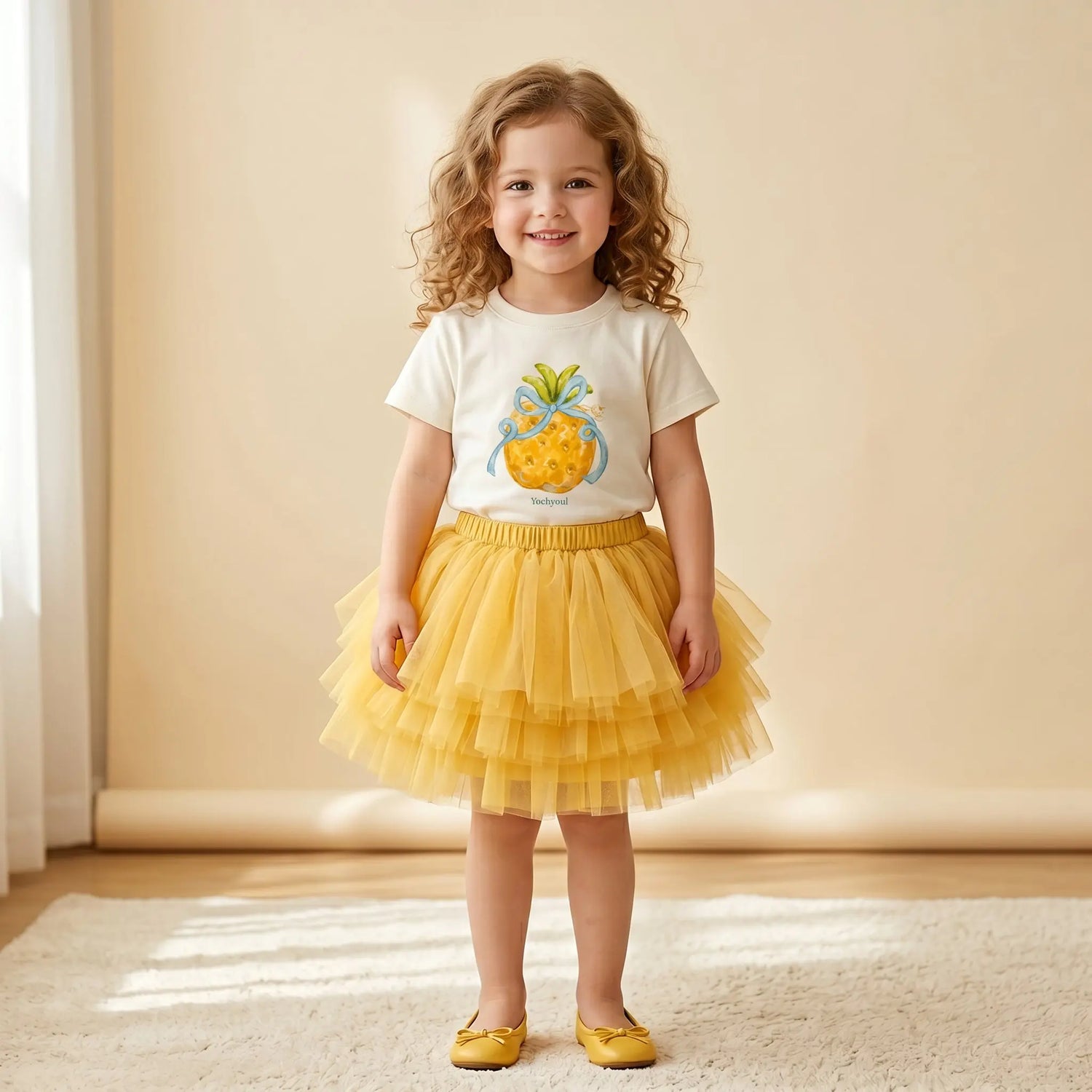 Girls Pineapple T-Shirt &amp; Yellow Tulle Skirt Set Sol Vera