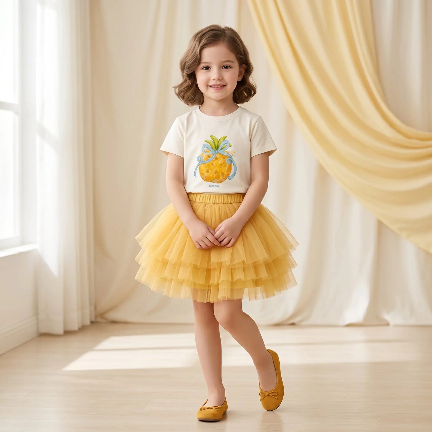 Girls Pineapple T-Shirt &amp; Yellow Tulle Skirt Set Sol Vera