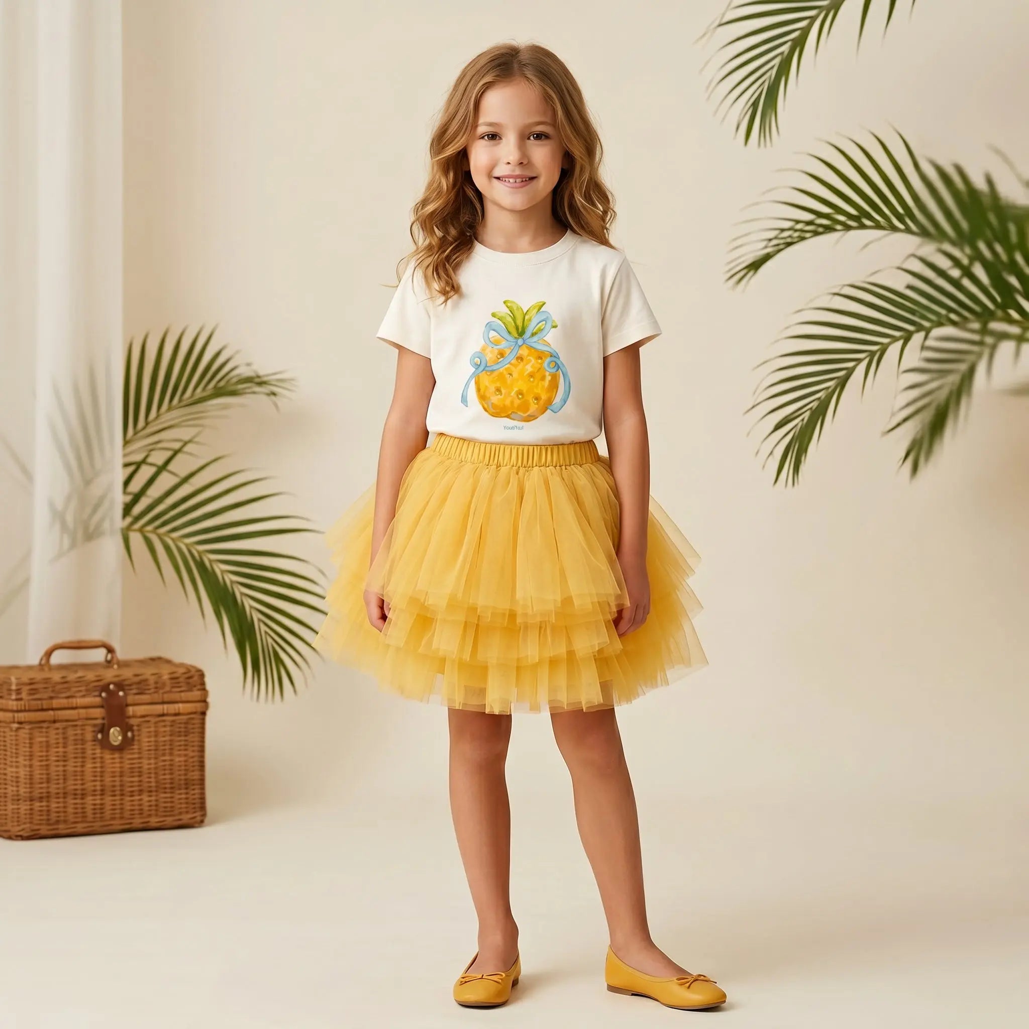 Girls Pineapple T-Shirt &amp; Yellow Tulle Skirt Set Sol Vera